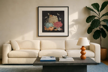 Late Summer Harvest V by Mary Urban. Displayed in a glass frame with matte in a clean modern living room. Available as an archival giclee rolled canvas, fine art paper, or poster print. SKU 81207a.