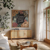 Late Summer Harvest VI by Mary Urban. Shown in a natural wood frame in a cozy modern living room. Available as an archival giclee rolled canvas, fine art paper, or poster print. SKU 81208a.