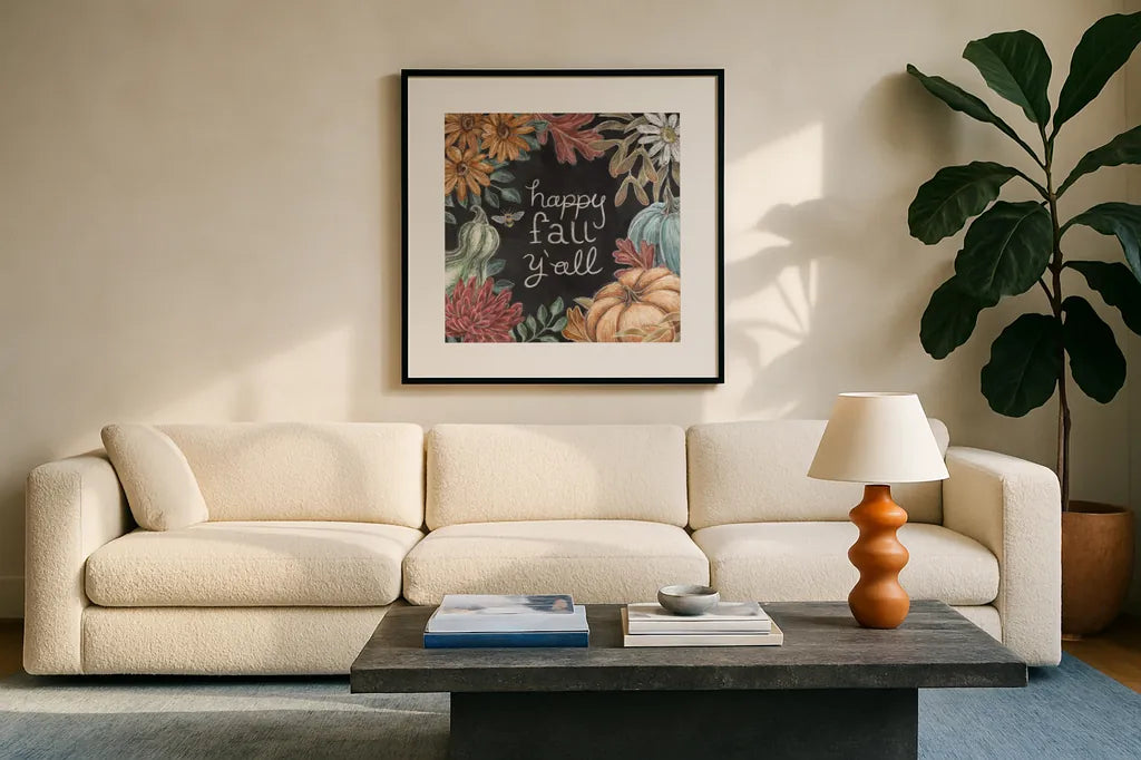 Late Summer Harvest VI by Mary Urban. Displayed in a glass frame with matte in a clean modern living room. Available as an archival giclee rolled canvas, fine art paper, or poster print. SKU 81208a.