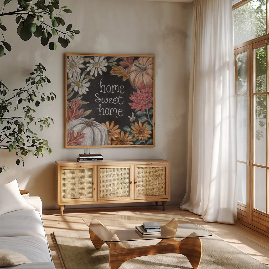 Late Summer Harvest VII by Mary Urban. Shown in a natural wood frame in a cozy modern living room. Available as an archival giclee rolled canvas, fine art paper, or poster print. SKU 81209a.