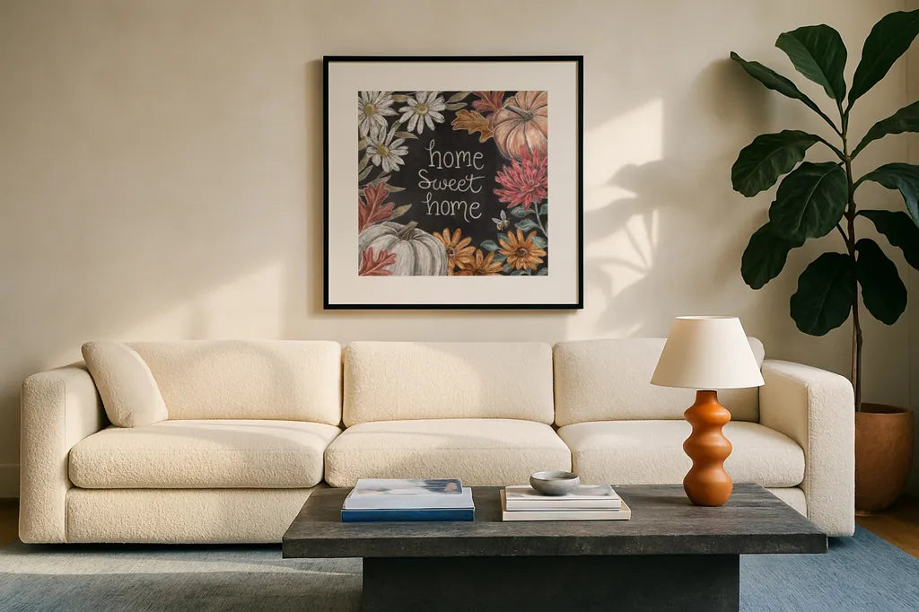 Late Summer Harvest VII by Mary Urban. Displayed in a glass frame with matte in a clean modern living room. Available as an archival giclee rolled canvas, fine art paper, or poster print. SKU 81209a.