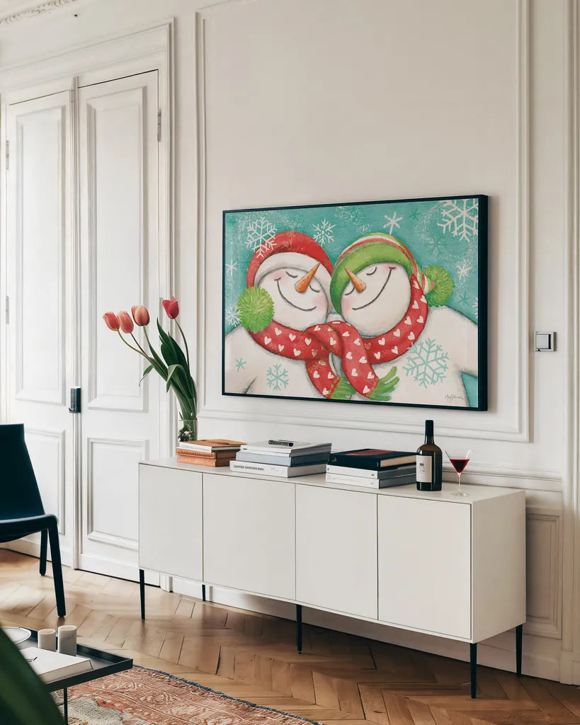 Let it Snow II by Mary Urban. shown as a framed stretched canvas in a living room above a console. Available as a archival giclee rolled canvas, fine art paper, or poster print. SKU 45308i.