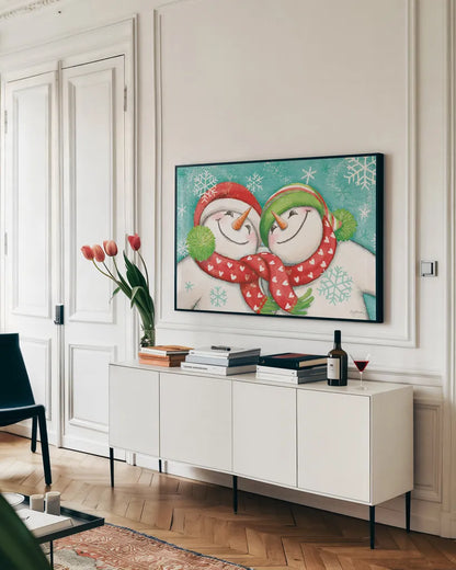 Let it Snow II Eyes Open by Mary Urban. shown as a framed stretched canvas in a living room above a console. Available as a archival giclee rolled canvas, fine art paper, or poster print. SKU 46160i.