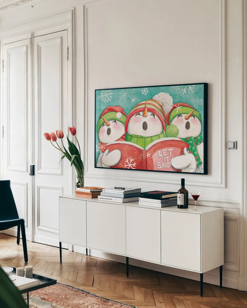 Let it Snow IV Eyes Open by Mary Urban. shown as a framed stretched canvas in a living room above a console. Available as a archival giclee rolled canvas, fine art paper, or poster print. SKU 45900i.