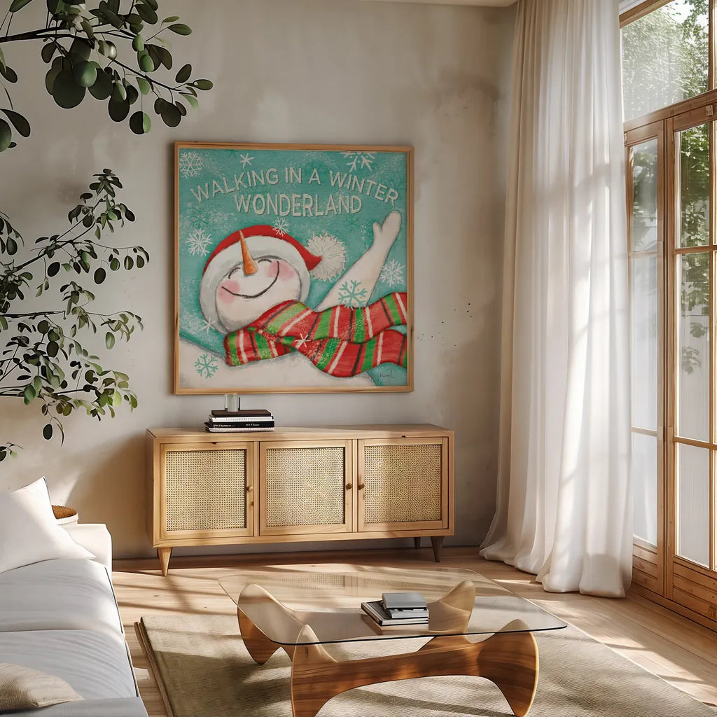 Let it Snow V by Mary Urban. Shown in a natural wood frame in a cozy modern living room. Available as an archival giclee rolled canvas, fine art paper, or poster print. SKU 45311a.