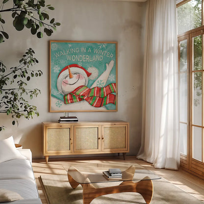 Let it Snow V by Mary Urban. Shown in a natural wood frame in a cozy modern living room. Available as an archival giclee rolled canvas, fine art paper, or poster print. SKU 45311a.