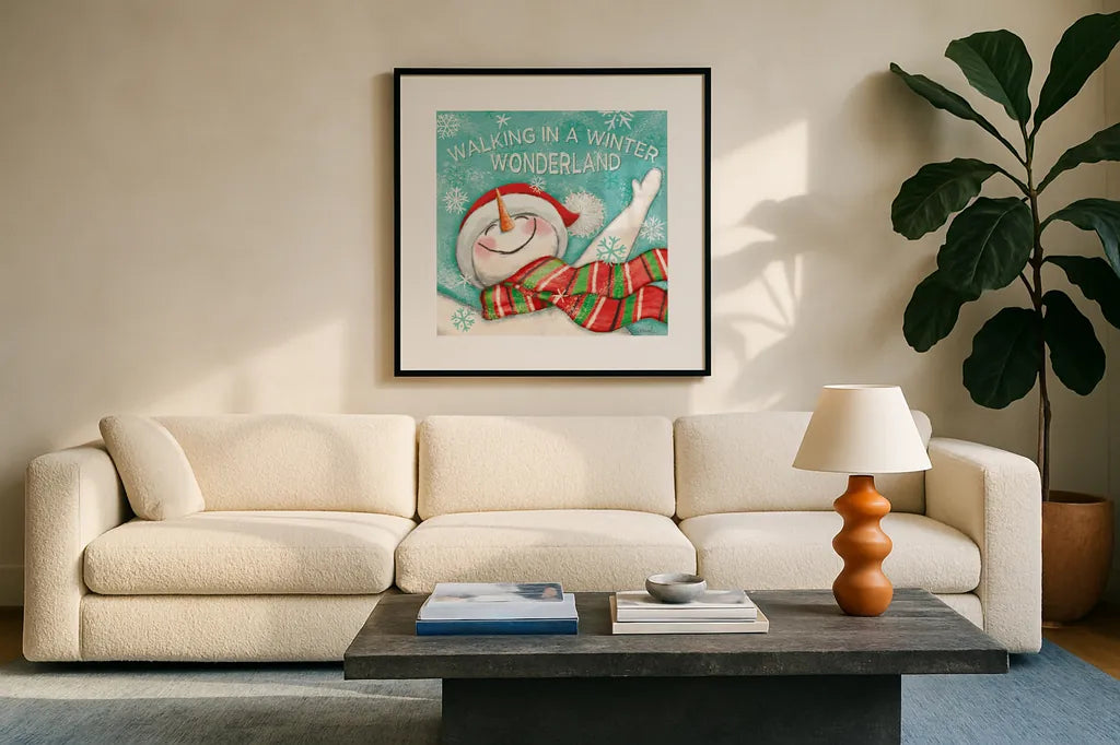 Let it Snow V by Mary Urban. Displayed in a glass frame with matte in a clean modern living room. Available as an archival giclee rolled canvas, fine art paper, or poster print. SKU 45311a.