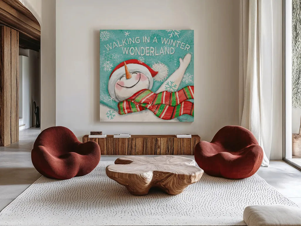 Let it Snow V by Mary Urban. Shown as extra-large giant wall art in a modern living room. Available as an archival giclee rolled canvas, fine art paper, or poster print. SKU 45311a.