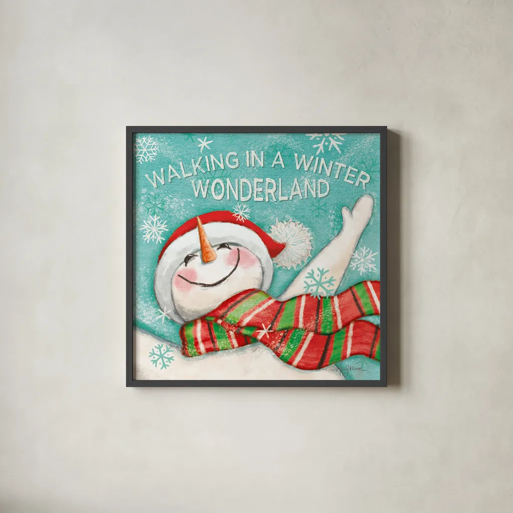 Let it Snow V Eyes Open by Mary Urban. Shown in a sleek black glass frame for a contemporary gallery look. Available as an archival giclee rolled canvas, fine art paper, or poster print. SKU 46162a.