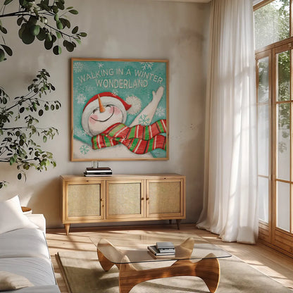 Let it Snow V Eyes Open by Mary Urban. Shown in a natural wood frame in a cozy modern living room. Available as an archival giclee rolled canvas, fine art paper, or poster print. SKU 46162a.