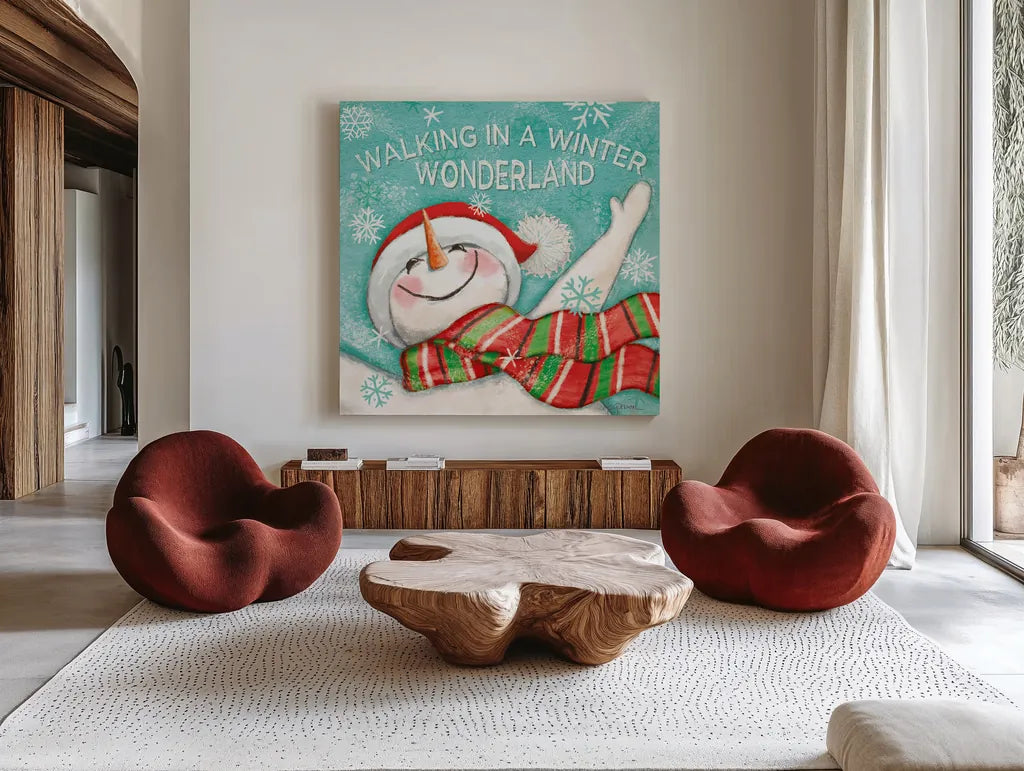 Let it Snow V Eyes Open by Mary Urban. Shown as extra-large giant wall art in a modern living room. Available as an archival giclee rolled canvas, fine art paper, or poster print. SKU 46162a.