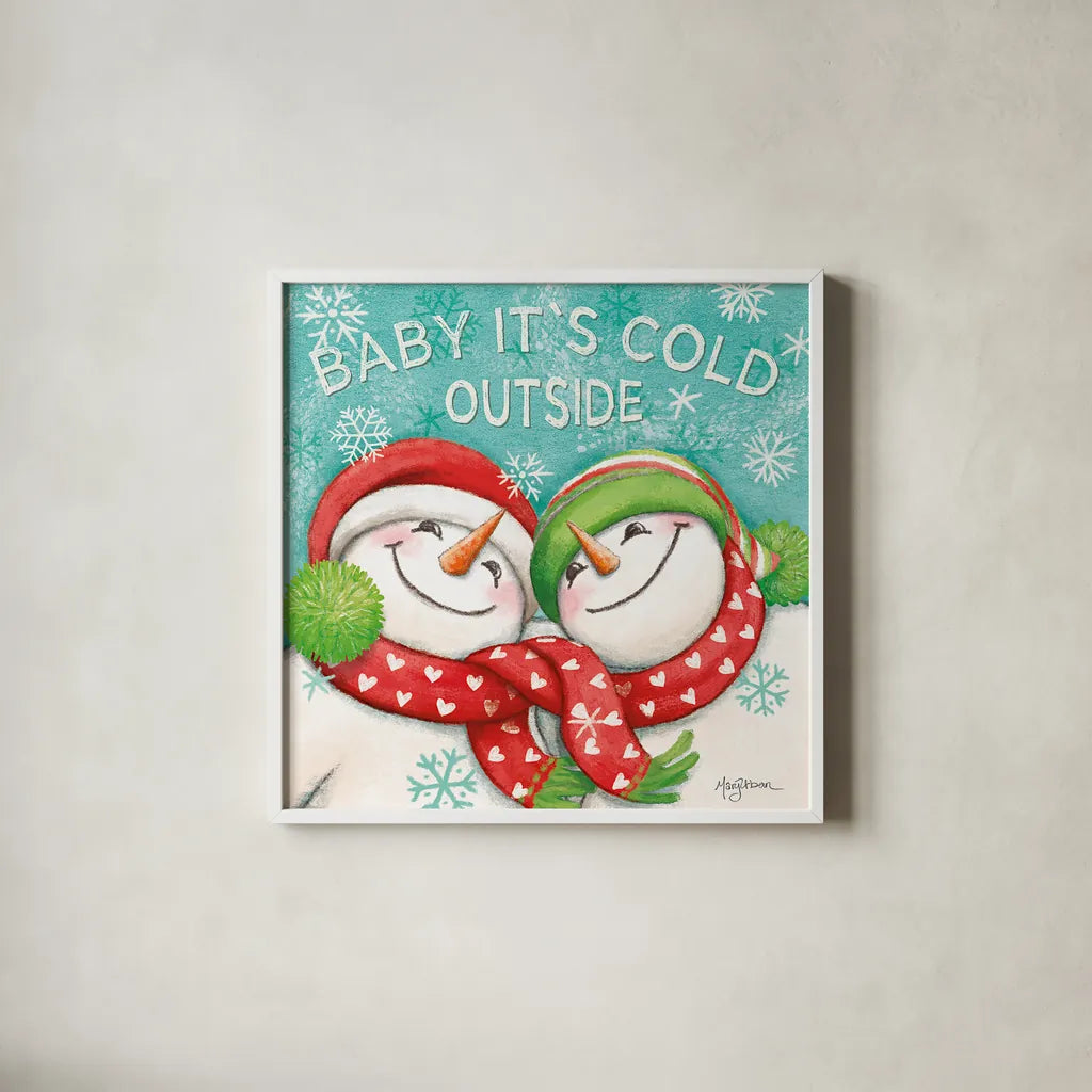 Let it Snow VI Eyes Open by Mary Urban. Shown in a crisp white glass frame for a clean and minimalist style. Available as an archival giclee rolled canvas, fine art paper, or poster print. SKU 46163a.