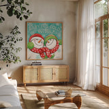 Let it Snow VI Eyes Open by Mary Urban. Shown in a natural wood frame in a cozy modern living room. Available as an archival giclee rolled canvas, fine art paper, or poster print. SKU 46163a.
