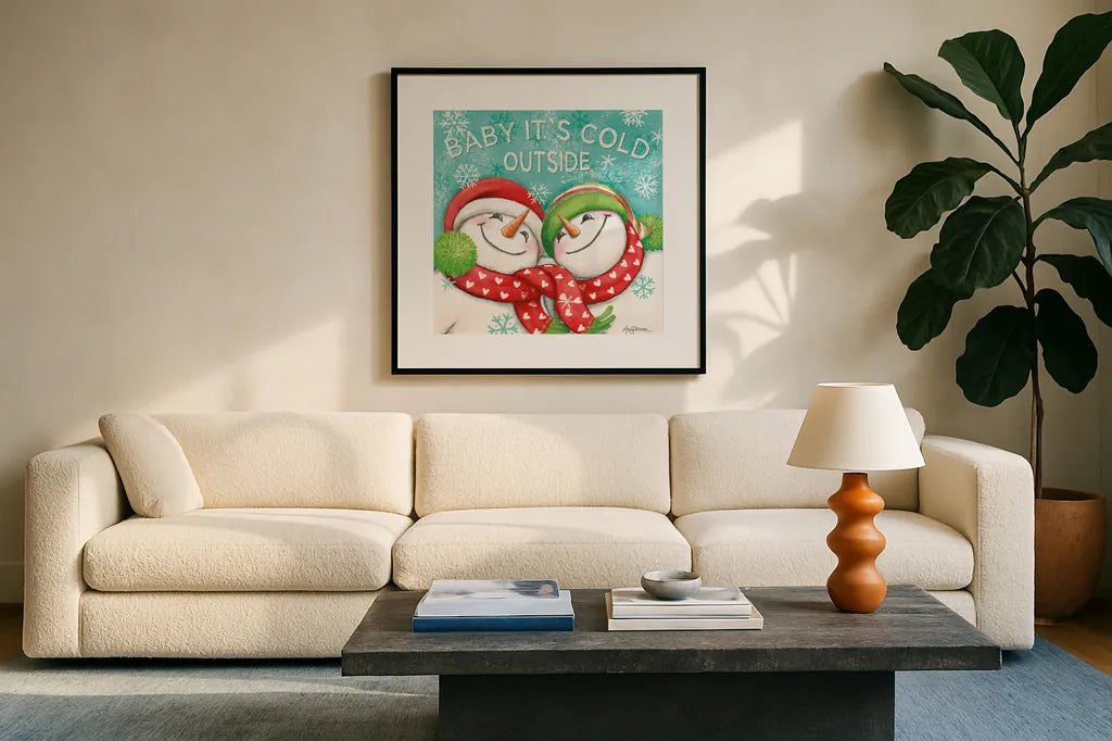 Let it Snow VI Eyes Open by Mary Urban. Displayed in a glass frame with matte in a clean modern living room. Available as an archival giclee rolled canvas, fine art paper, or poster print. SKU 46163a.
