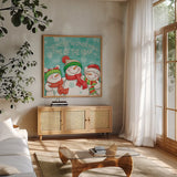 Let it Snow VII by Mary Urban. Shown in a natural wood frame in a cozy modern living room. Available as an archival giclee rolled canvas, fine art paper, or poster print. SKU 45313a.