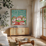 Let it Snow VIII by Mary Urban. Shown in a natural wood frame in a cozy modern living room. Available as an archival giclee rolled canvas, fine art paper, or poster print. SKU 45314a.