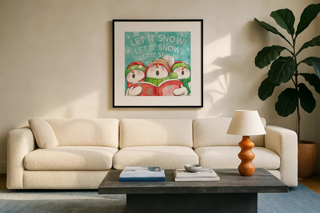 Let it Snow VIII by Mary Urban. Displayed in a glass frame with matte in a clean modern living room. Available as an archival giclee rolled canvas, fine art paper, or poster print. SKU 45314a.