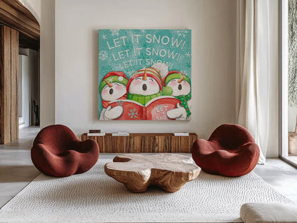 Let it Snow VIII by Mary Urban. Shown as extra-large giant wall art in a modern living room. Available as an archival giclee rolled canvas, fine art paper, or poster print. SKU 45314a.