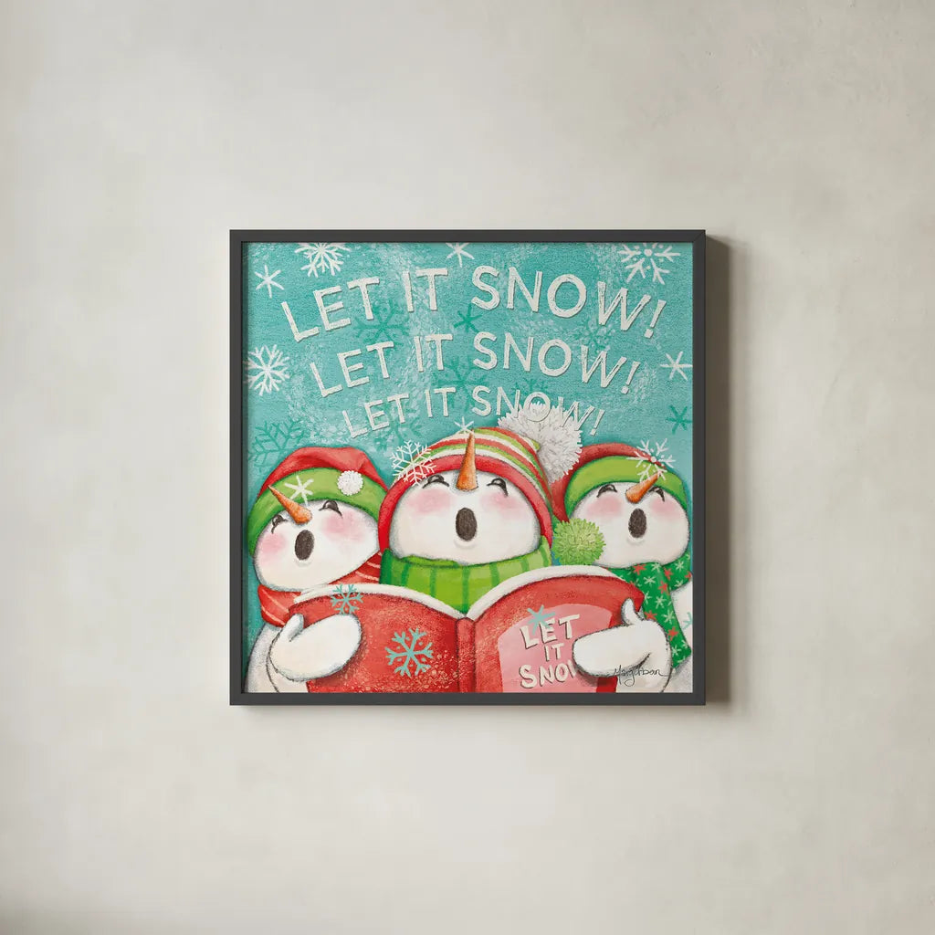 Let it Snow VIII Eyes Open by Mary Urban. Shown in a sleek black glass frame for a contemporary gallery look. Available as an archival giclee rolled canvas, fine art paper, or poster print. SKU 46165a.