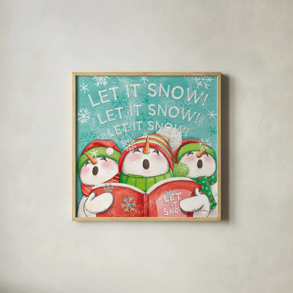 Let it Snow VIII Eyes Open by Mary Urban. Shown in a natural wood glass frame for a timeless modern aesthetic. Available as an archival giclee rolled canvas, fine art paper, or poster print. SKU 46165a.