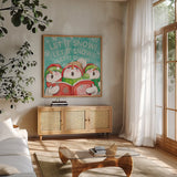 Let it Snow VIII Eyes Open by Mary Urban. Shown in a natural wood frame in a cozy modern living room. Available as an archival giclee rolled canvas, fine art paper, or poster print. SKU 46165a.