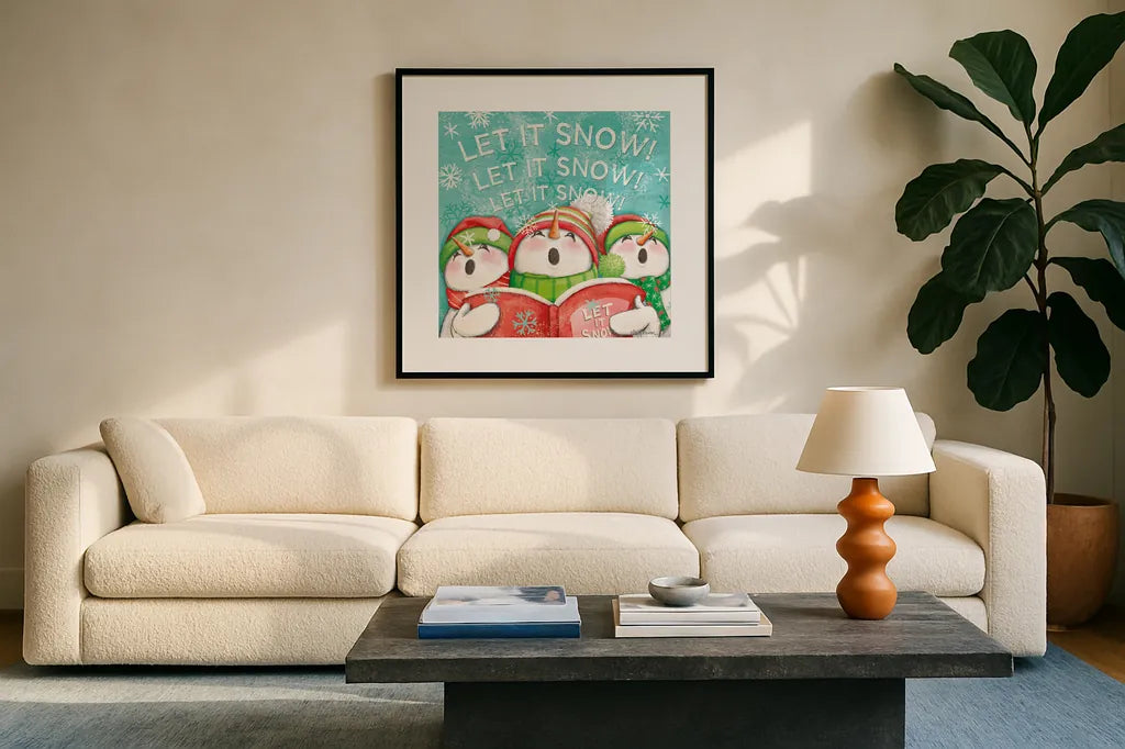Let it Snow VIII Eyes Open by Mary Urban. Displayed in a glass frame with matte in a clean modern living room. Available as an archival giclee rolled canvas, fine art paper, or poster print. SKU 46165a.