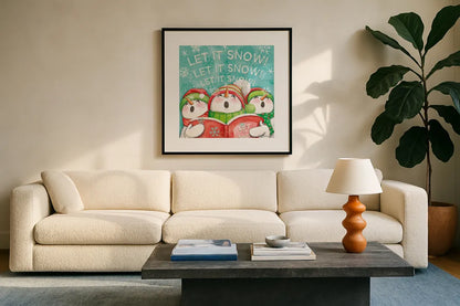 Let it Snow VIII Eyes Open by Mary Urban. Displayed in a glass frame with matte in a clean modern living room. Available as an archival giclee rolled canvas, fine art paper, or poster print. SKU 46165a.