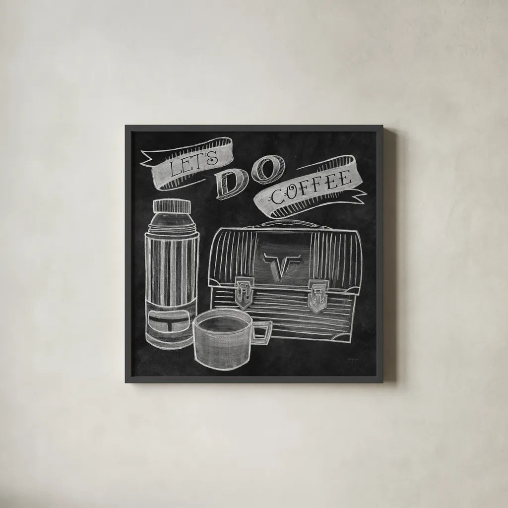 Let's Do Coffee Chalk by Mary Urban. Shown in a sleek black glass frame for a contemporary gallery look. Available as an archival giclee rolled canvas, fine art paper, or poster print. SKU 36500a.
