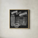 Let's Do Coffee Chalk by Mary Urban. Shown in a natural wood glass frame for a timeless modern aesthetic. Available as an archival giclee rolled canvas, fine art paper, or poster print. SKU 36500a.