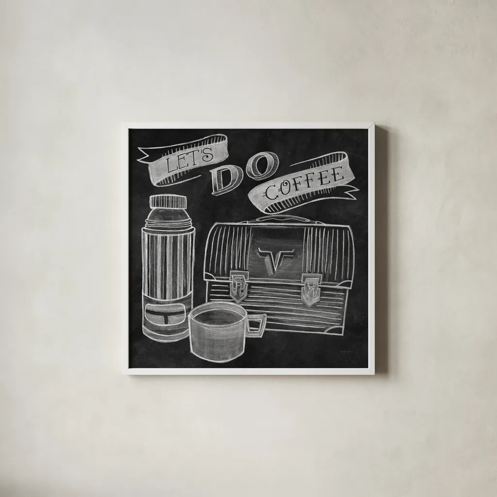 Let's Do Coffee Chalk by Mary Urban. Shown in a crisp white glass frame for a clean and minimalist style. Available as an archival giclee rolled canvas, fine art paper, or poster print. SKU 36500a.