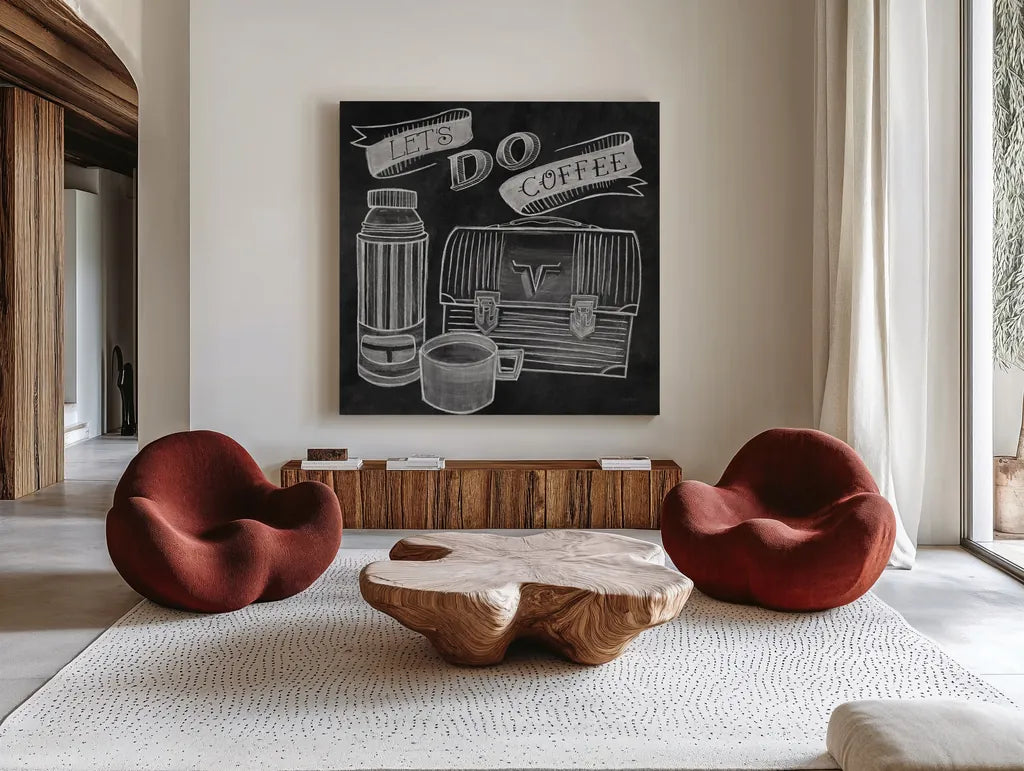 Let's Do Coffee Chalk by Mary Urban. Shown as extra-large giant wall art in a modern living room. Available as an archival giclee rolled canvas, fine art paper, or poster print. SKU 36500a.