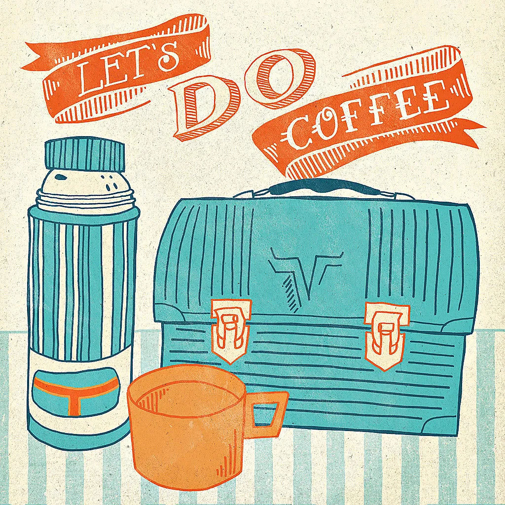 Let's Do Coffee Orange by Mary Urban. SKU 36499a. Archival Giclee Fine art print for wall decor.