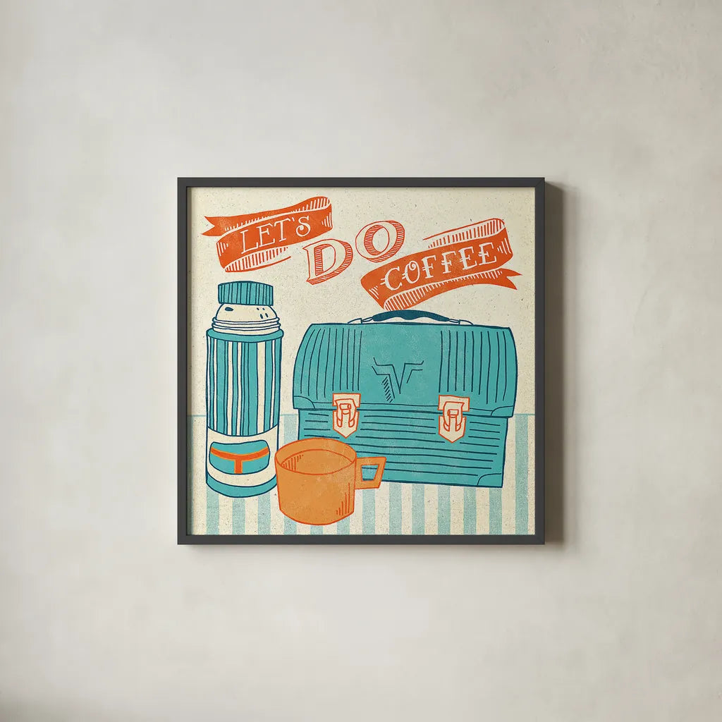 Let's Do Coffee Orange by Mary Urban. Shown in a sleek black glass frame for a contemporary gallery look. Available as an archival giclee rolled canvas, fine art paper, or poster print. SKU 36499a.