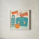 Let's Do Coffee Orange by Mary Urban. Shown in a crisp white glass frame for a clean and minimalist style. Available as an archival giclee rolled canvas, fine art paper, or poster print. SKU 36499a.