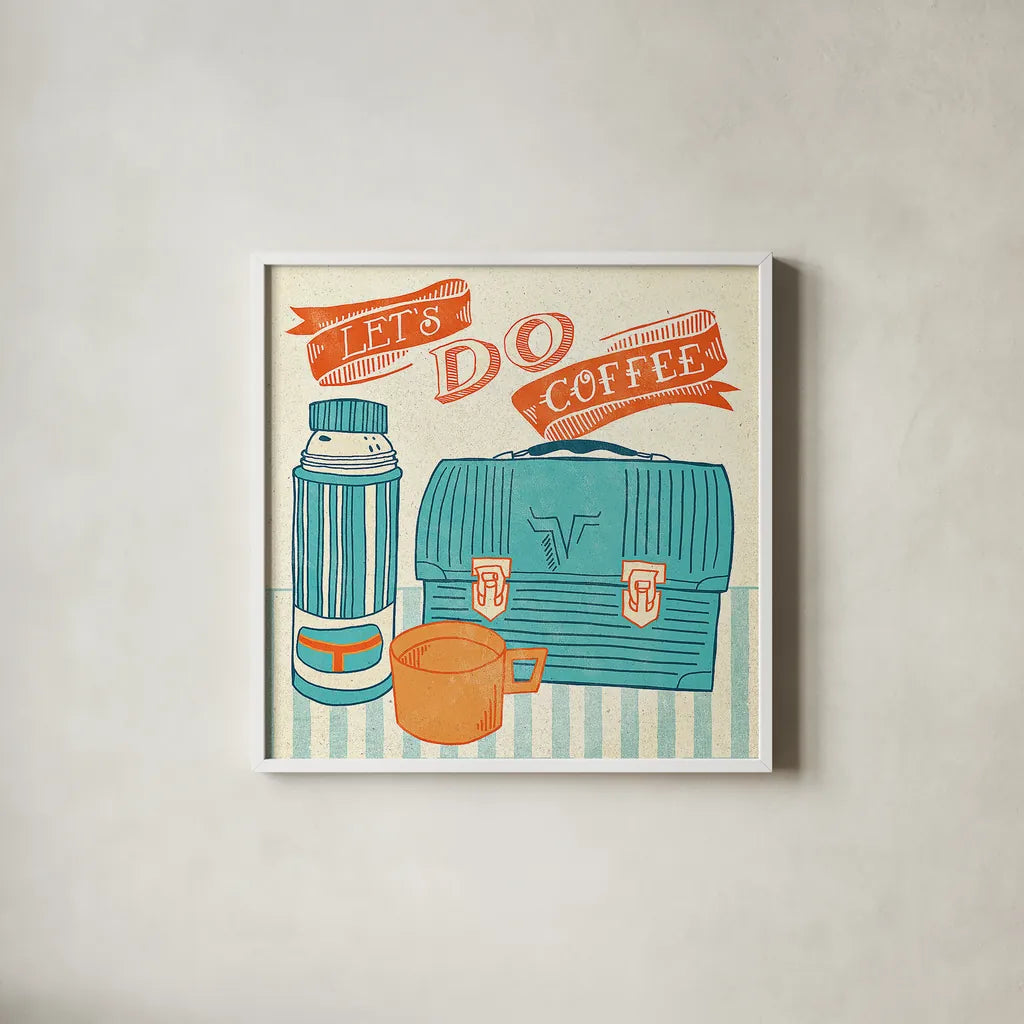 Let's Do Coffee Orange by Mary Urban. Shown in a crisp white glass frame for a clean and minimalist style. Available as an archival giclee rolled canvas, fine art paper, or poster print. SKU 36499a.