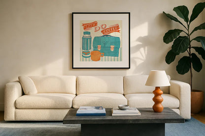 Let's Do Coffee Orange by Mary Urban. Displayed in a glass frame with matte in a clean modern living room. Available as an archival giclee rolled canvas, fine art paper, or poster print. SKU 36499a.