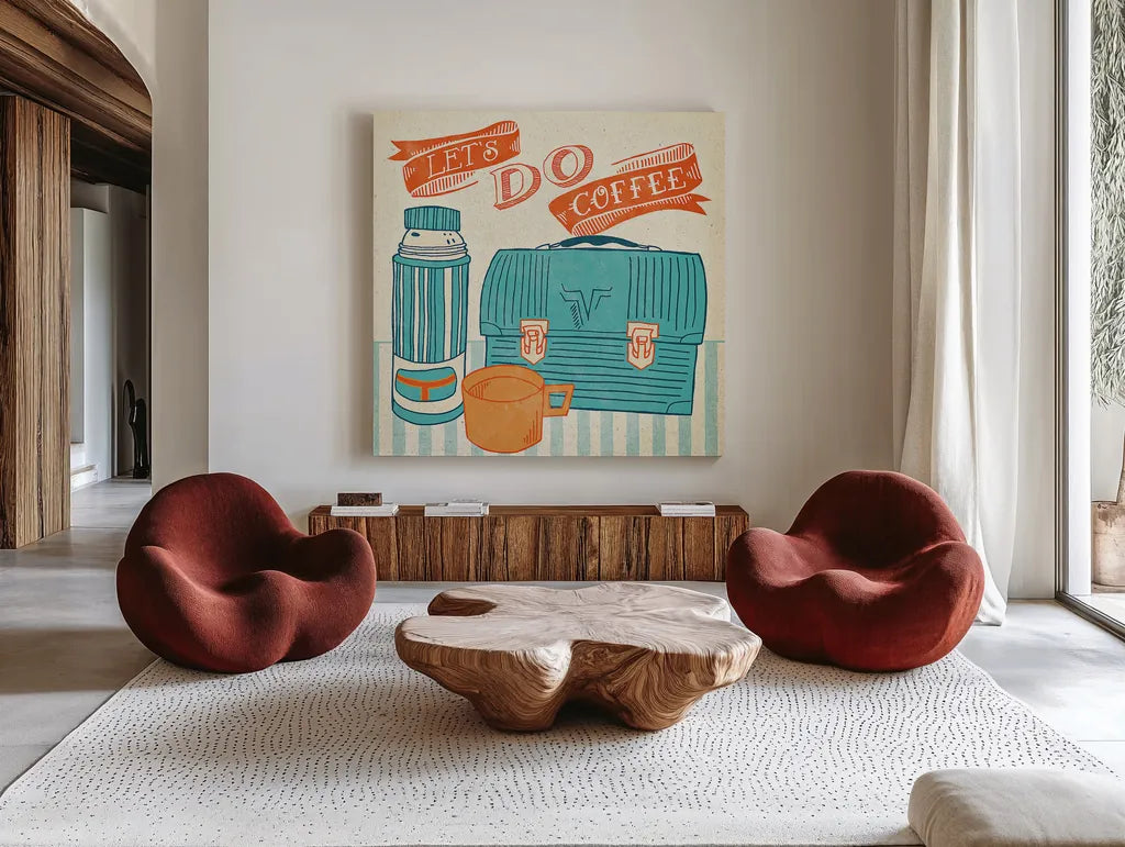 Let's Do Coffee Orange by Mary Urban. Shown as extra-large giant wall art in a modern living room. Available as an archival giclee rolled canvas, fine art paper, or poster print. SKU 36499a.