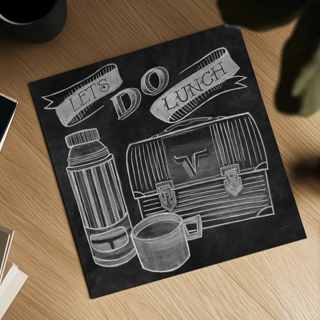 Let's Do Lunch Chalk by Mary Urban. Shown as a detailed flat fine art print, highlighting archival giclee quality. Available as an archival giclee rolled canvas, fine art paper, or poster print. SKU 25591a.