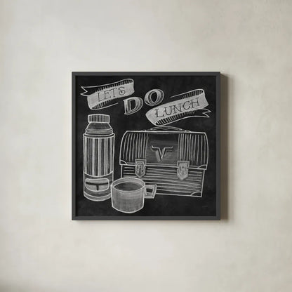 Let's Do Lunch Chalk by Mary Urban. Shown in a sleek black glass frame for a contemporary gallery look. Available as an archival giclee rolled canvas, fine art paper, or poster print. SKU 25591a.