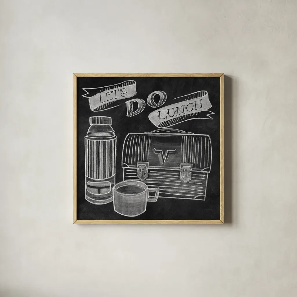 Let's Do Lunch Chalk by Mary Urban. Shown in a natural wood glass frame for a timeless modern aesthetic. Available as an archival giclee rolled canvas, fine art paper, or poster print. SKU 25591a.