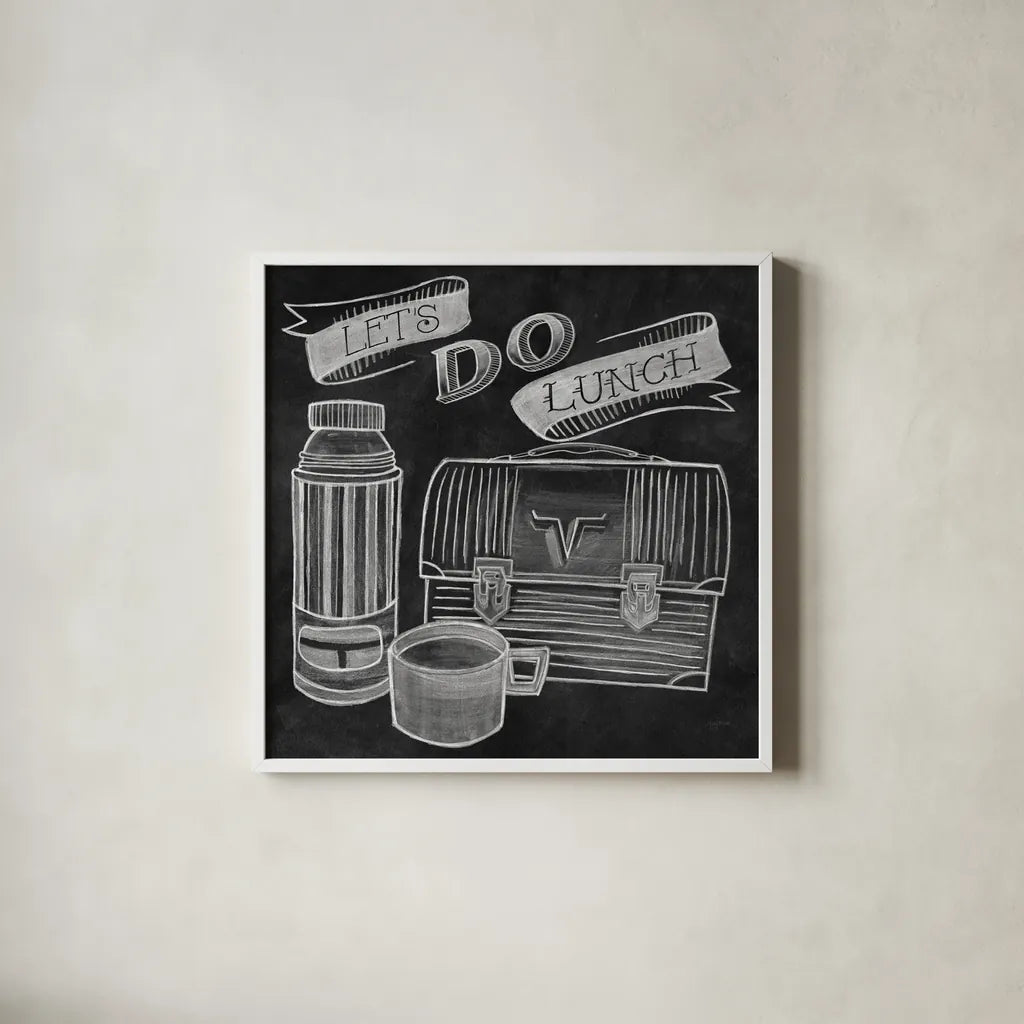 Let's Do Lunch Chalk by Mary Urban. Shown in a crisp white glass frame for a clean and minimalist style. Available as an archival giclee rolled canvas, fine art paper, or poster print. SKU 25591a.