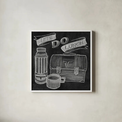 Let's Do Lunch Chalk by Mary Urban. Shown in a crisp white glass frame for a clean and minimalist style. Available as an archival giclee rolled canvas, fine art paper, or poster print. SKU 25591a.