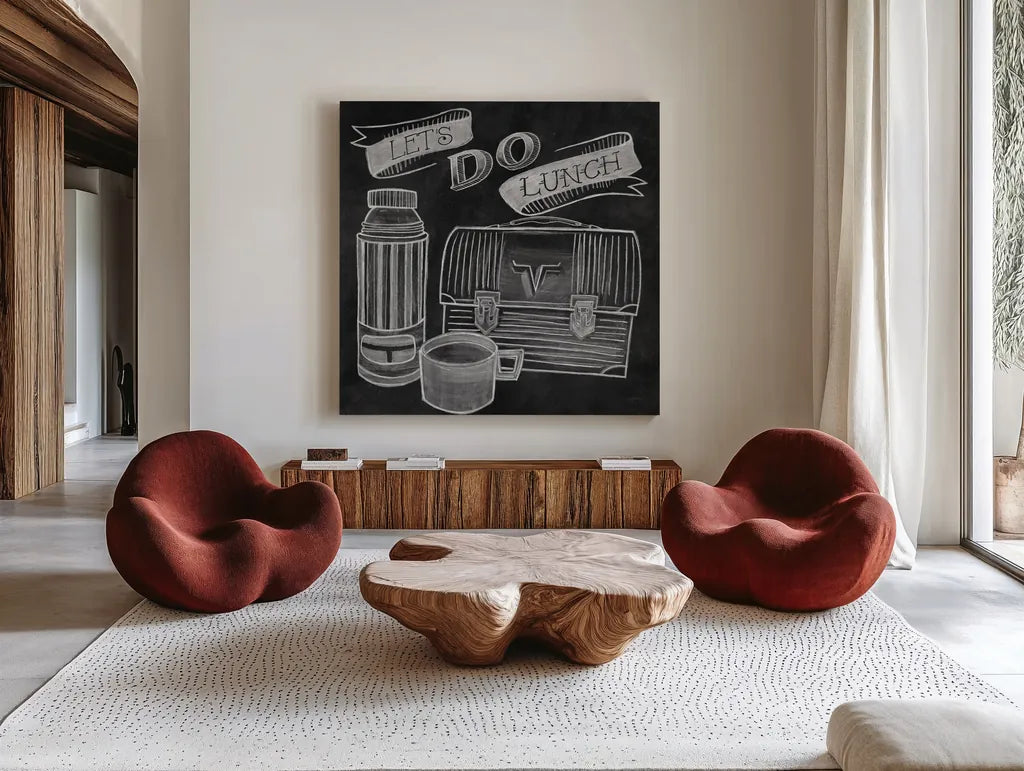 Let's Do Lunch Chalk by Mary Urban. Shown as extra-large giant wall art in a modern living room. Available as an archival giclee rolled canvas, fine art paper, or poster print. SKU 25591a.
