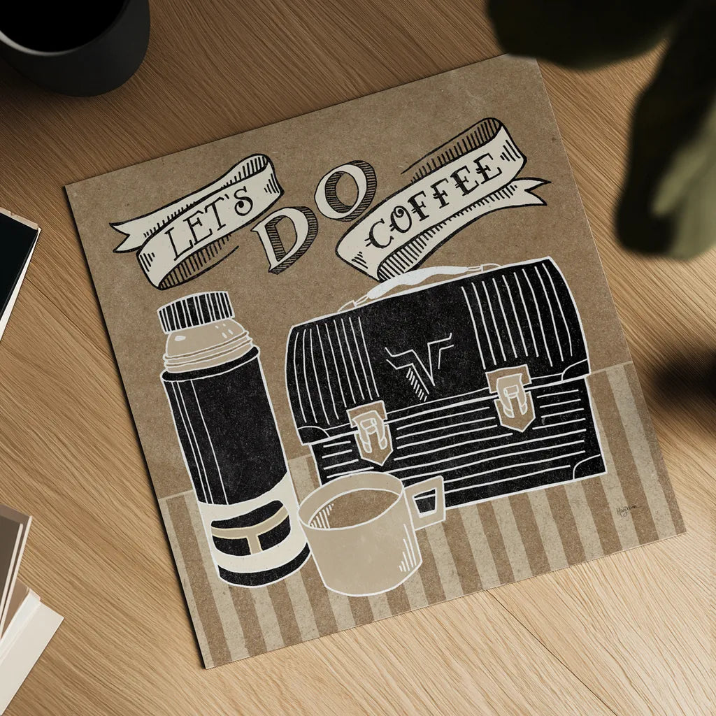 Lets Do Coffee Taupe by Mary Urban. Shown as a detailed flat fine art print, highlighting archival giclee quality. Available as an archival giclee rolled canvas, fine art paper, or poster print. SKU 36498a.