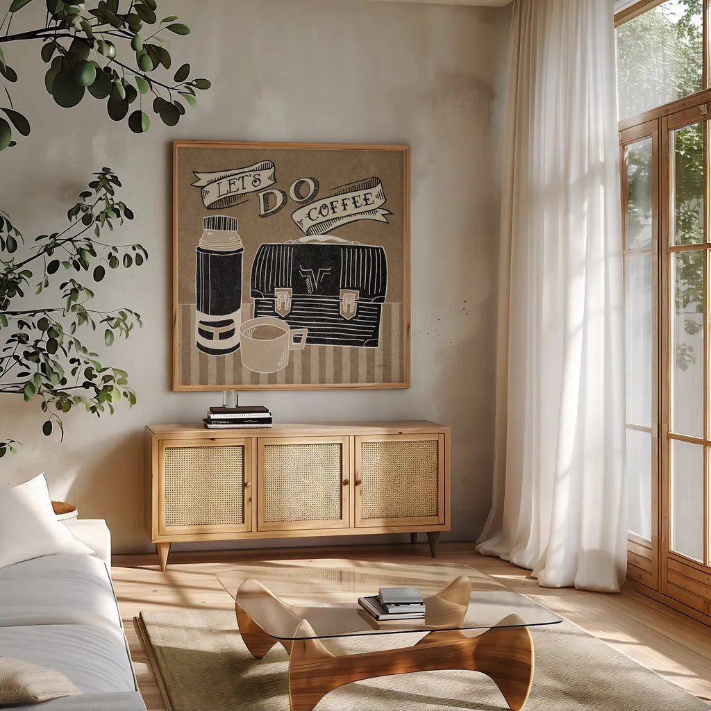 Lets Do Coffee Taupe by Mary Urban. Shown in a natural wood frame in a cozy modern living room. Available as an archival giclee rolled canvas, fine art paper, or poster print. SKU 36498a.