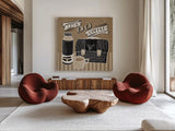 Lets Do Coffee Taupe by Mary Urban. Shown as extra-large giant wall art in a modern living room. Available as an archival giclee rolled canvas, fine art paper, or poster print. SKU 36498a.