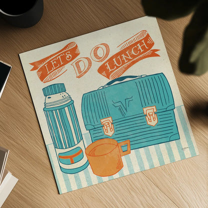 Lets Do Lunch Orange by Mary Urban. Shown as a detailed flat fine art print, highlighting archival giclee quality. Available as an archival giclee rolled canvas, fine art paper, or poster print. SKU 30510a.