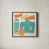 Lets Do Lunch Orange by Mary Urban. Shown in a sleek black glass frame for a contemporary gallery look. Available as an archival giclee rolled canvas, fine art paper, or poster print. SKU 30510a.