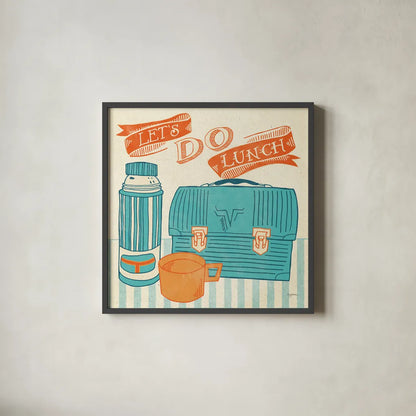 Lets Do Lunch Orange by Mary Urban. Shown in a sleek black glass frame for a contemporary gallery look. Available as an archival giclee rolled canvas, fine art paper, or poster print. SKU 30510a.