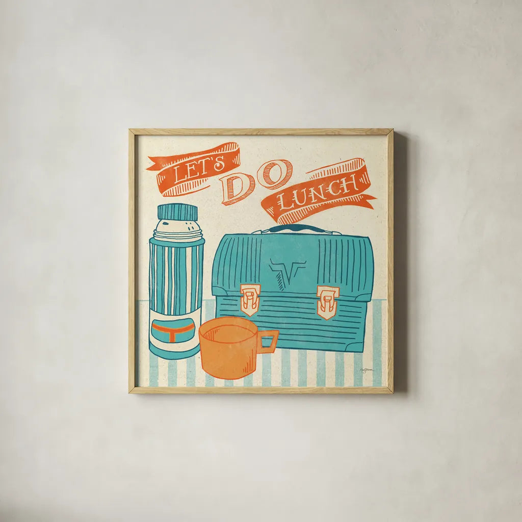 Lets Do Lunch Orange by Mary Urban. Shown in a natural wood glass frame for a timeless modern aesthetic. Available as an archival giclee rolled canvas, fine art paper, or poster print. SKU 30510a.